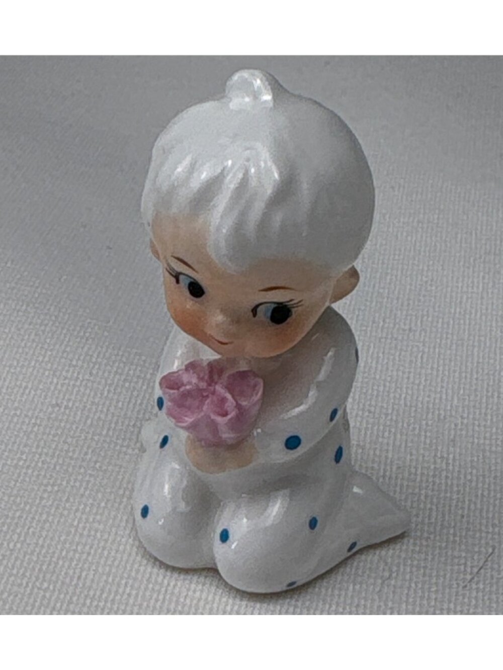 Napcoware Bone China Baby Figurine White Flower Polka Dots 2" Adorable Decor